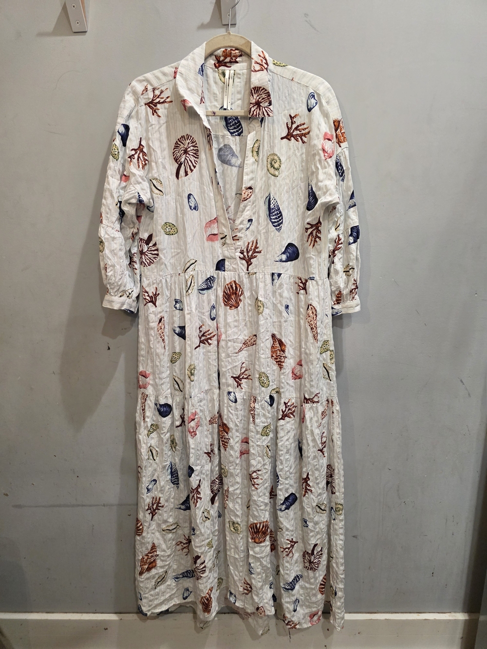 Anthropologie White Maxi Dress with Navy, Rust & Pink Shell Print